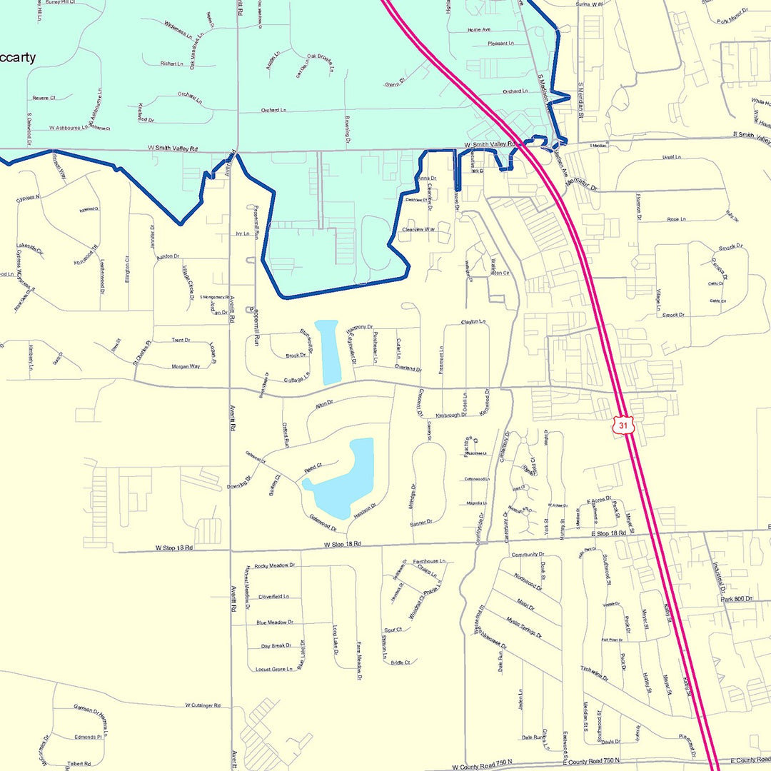 Color Cast Wall Map of Greenwood, IN