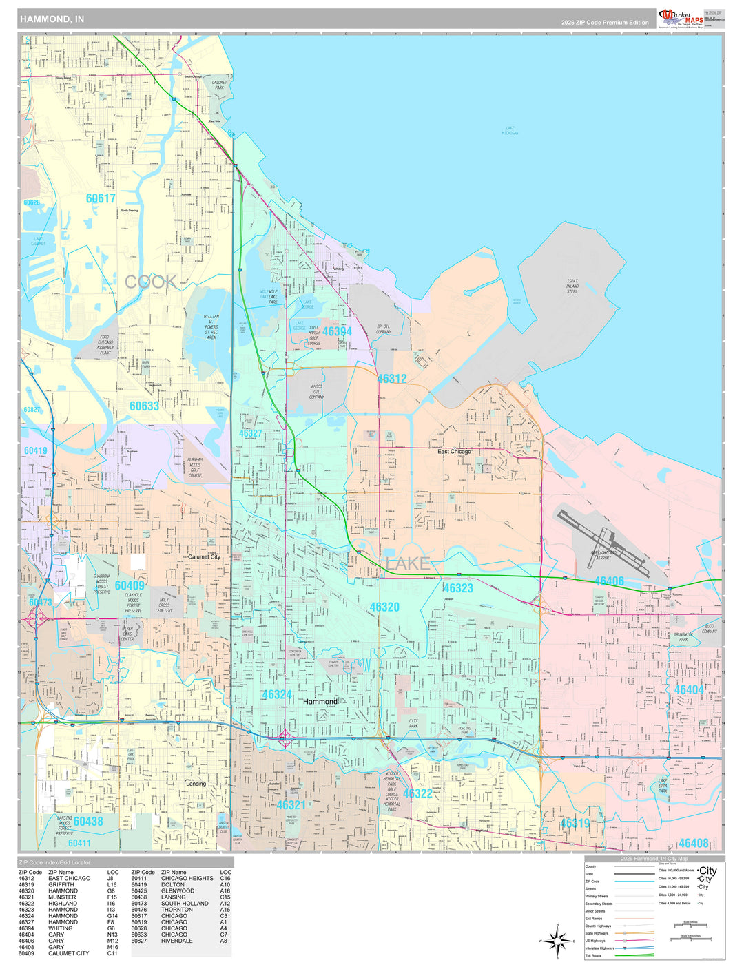 Premium Style Wall Map of Hammond, IN