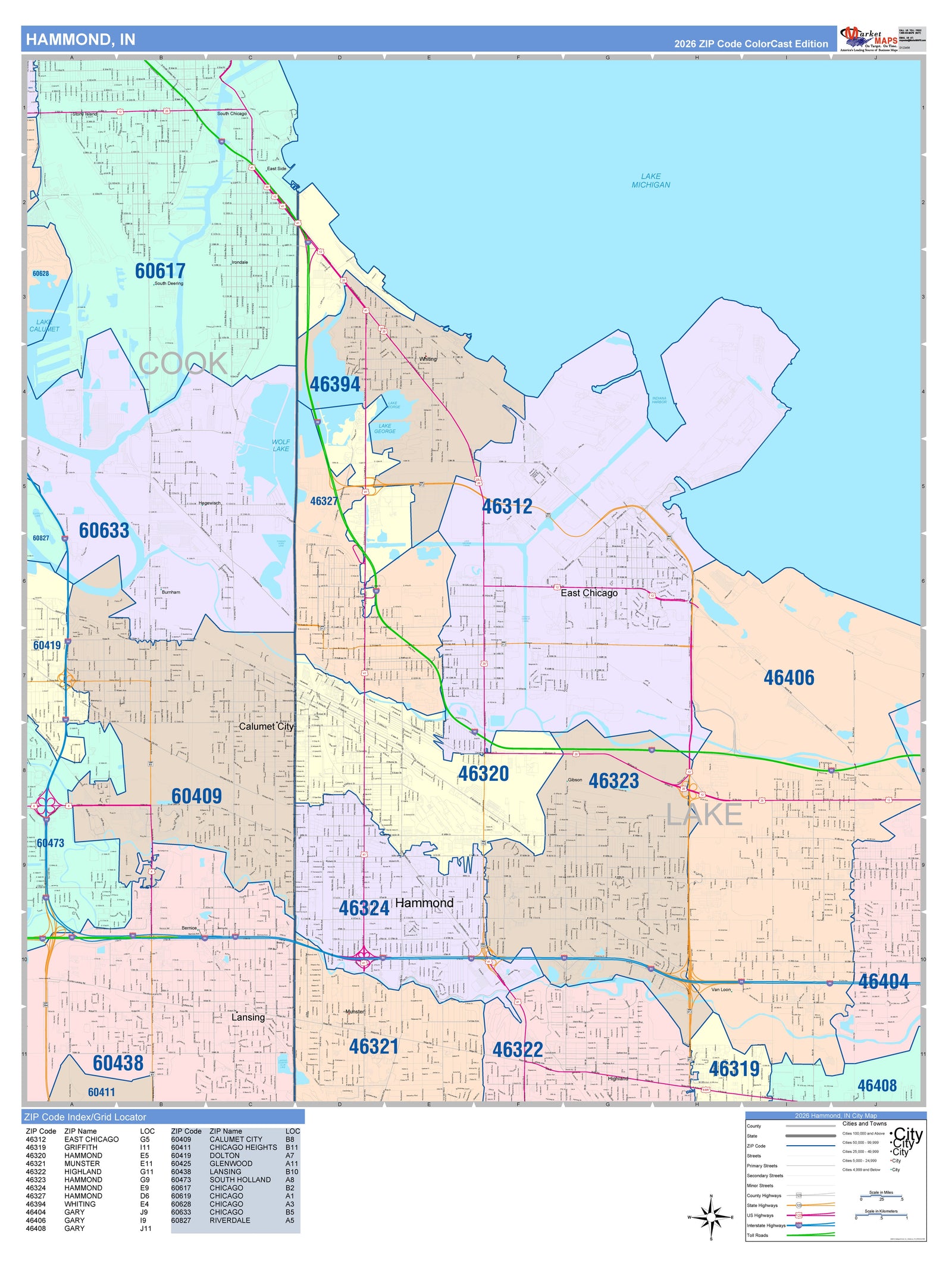 Color Cast Wall Map of Hammond, IN