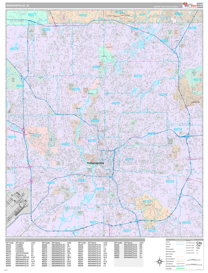 Premium Style Wall Map of Indianapolis IN.