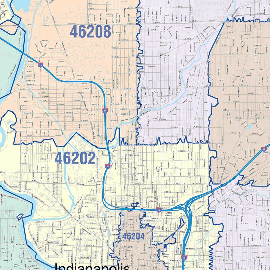 Colorcast Zip Code Style Wall Map of Indianapolis IN