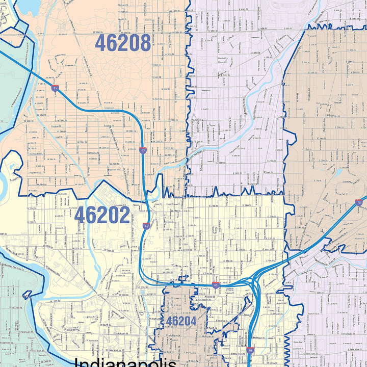 Colorcast Zip Code Style Wall Map of Indianapolis IN