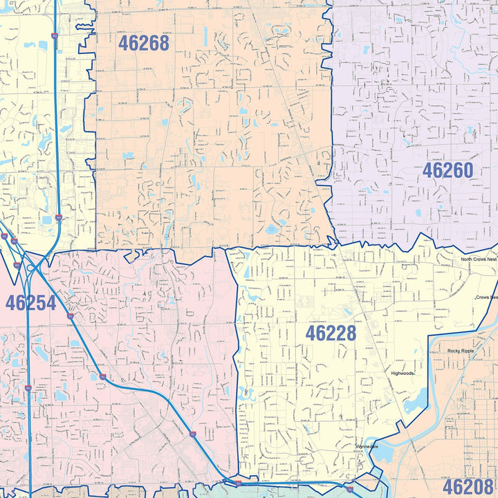 Colorcast Zip Code Style Wall Map of Indianapolis IN
