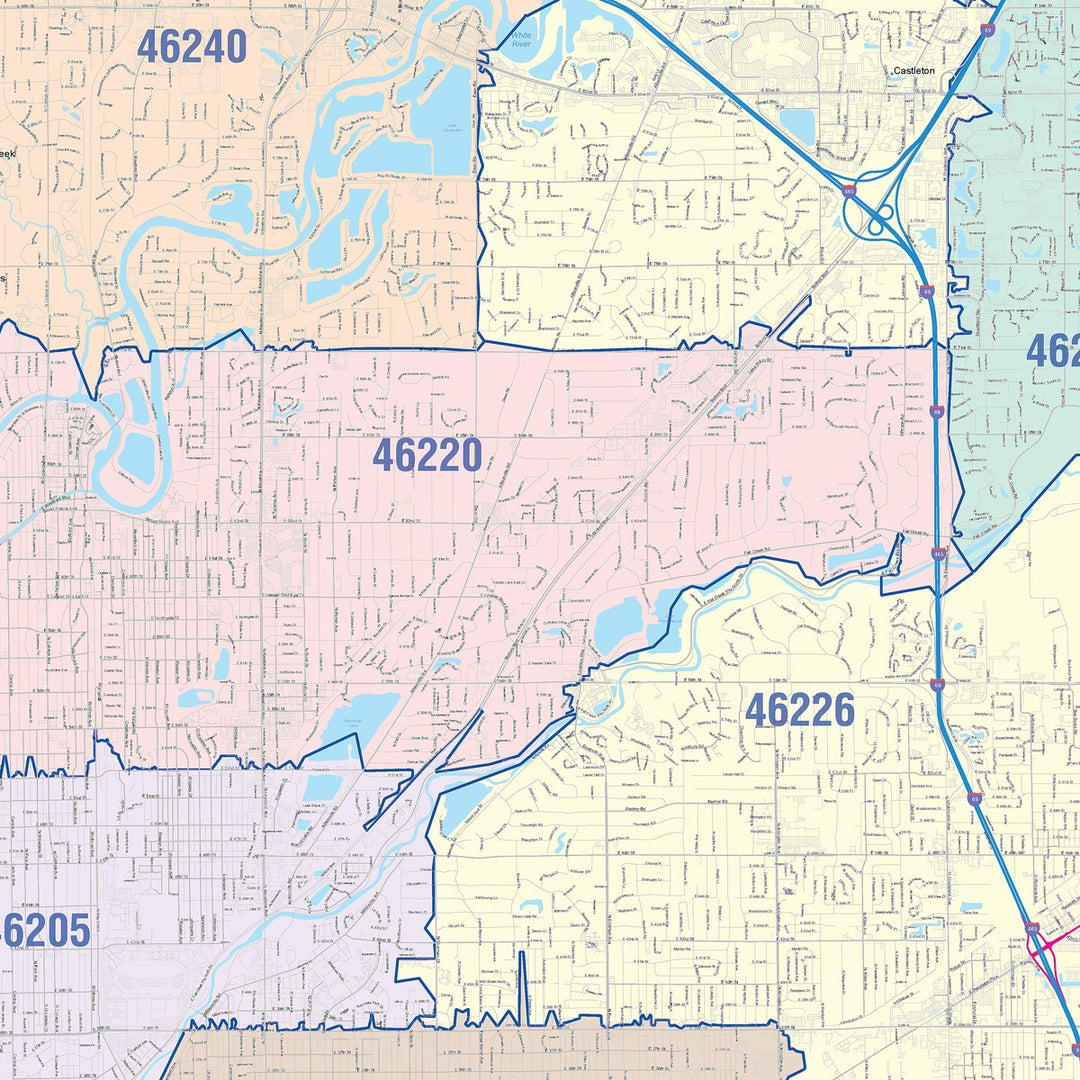 Colorcast Zip Code Style Wall Map of Indianapolis IN