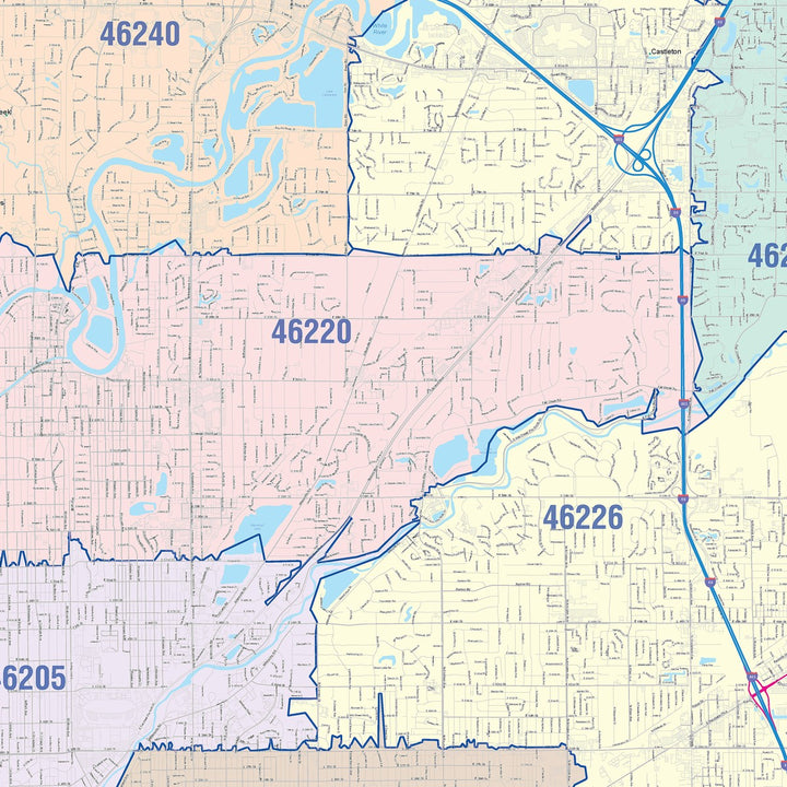 Colorcast Zip Code Style Wall Map of Indianapolis IN