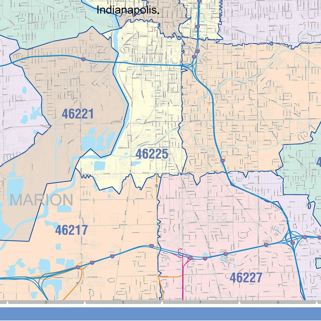 Colorcast Zip Code Style Wall Map of Indianapolis IN