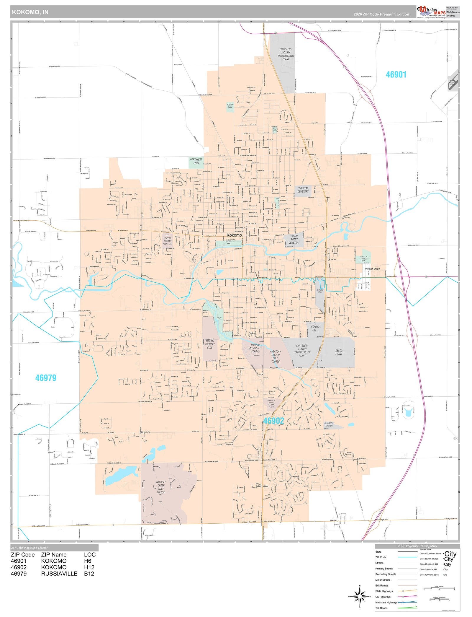 Premium Style Wall Map of Kokomo, IN