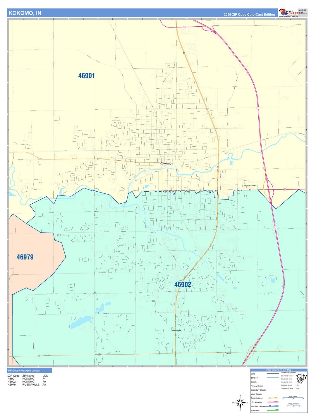 Color Cast Wall Map of Kokomo, IN