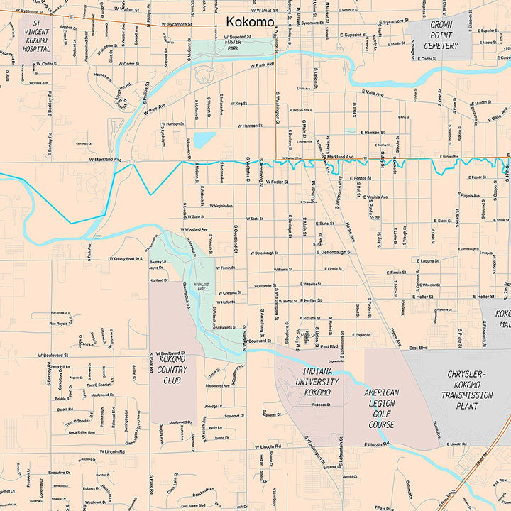 Premium Style Wall Map of Kokomo, IN