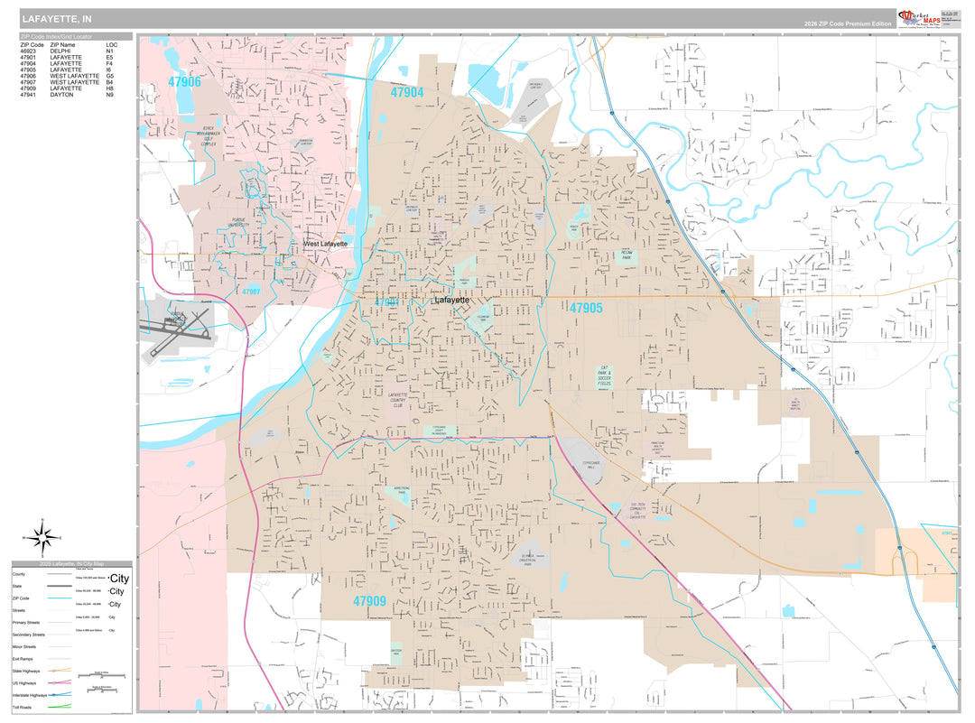 Premium Style Wall Map of Lafayette, IN