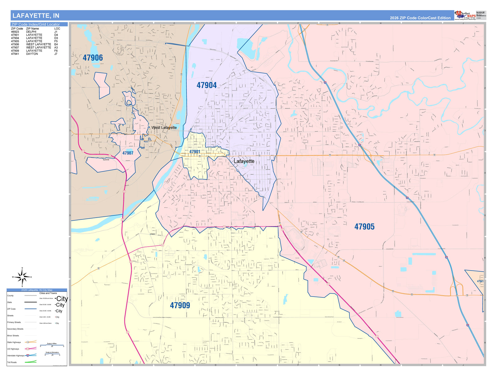 Color Cast Wall Map of Lafayette, IN