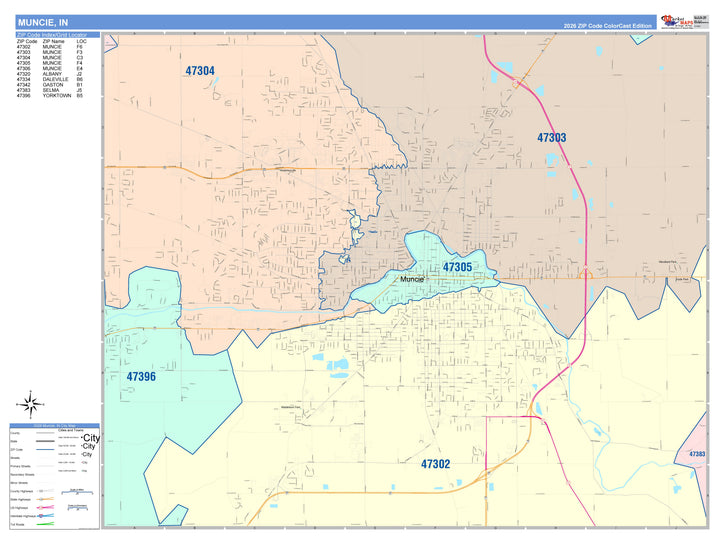 Color Cast Wall Map of Muncie, IN