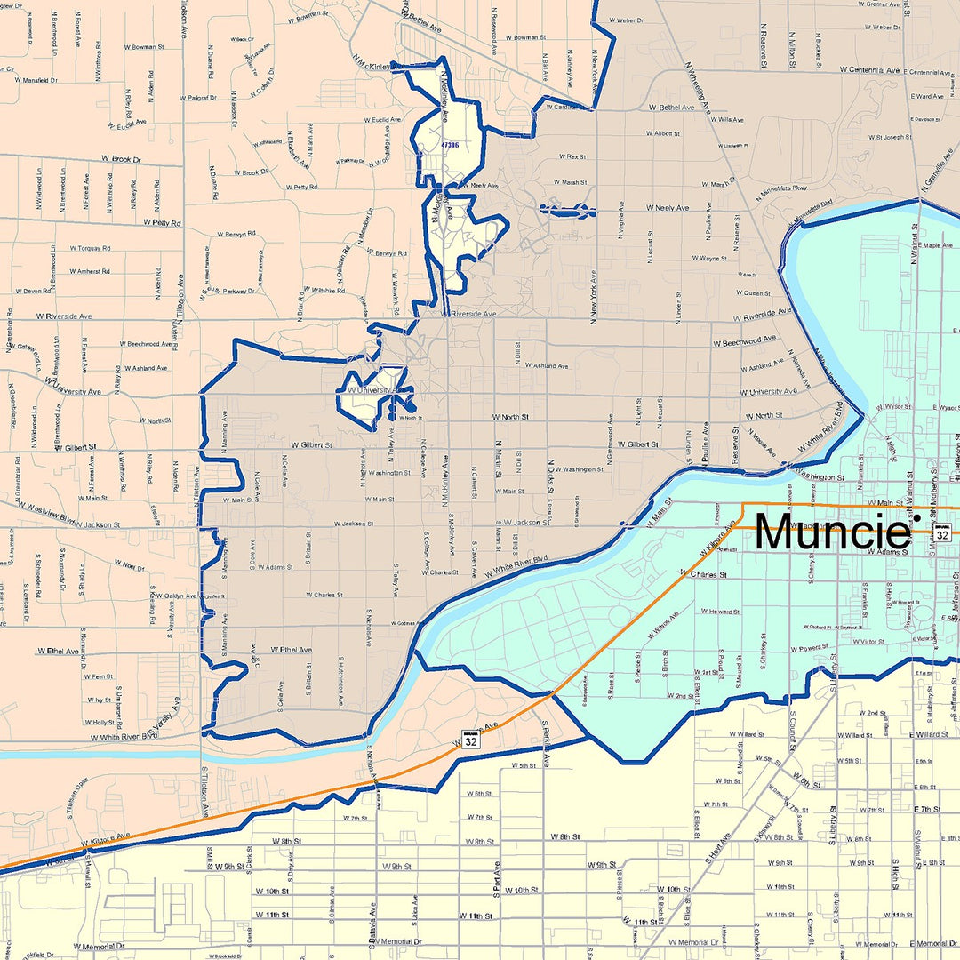Color Cast Wall Map of Muncie, IN