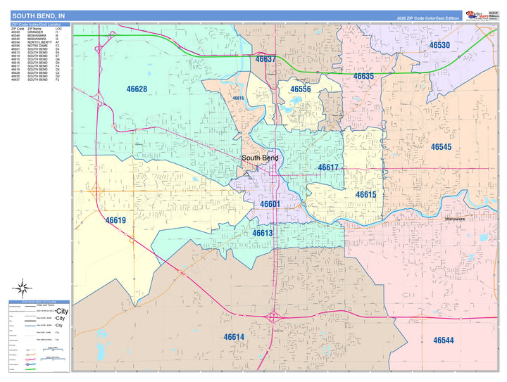 Color Cast Wall Map of South Bend, IN