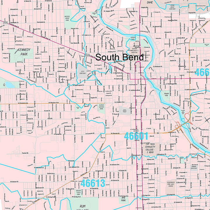 Premium Style Wall Map of South Bend, IN
