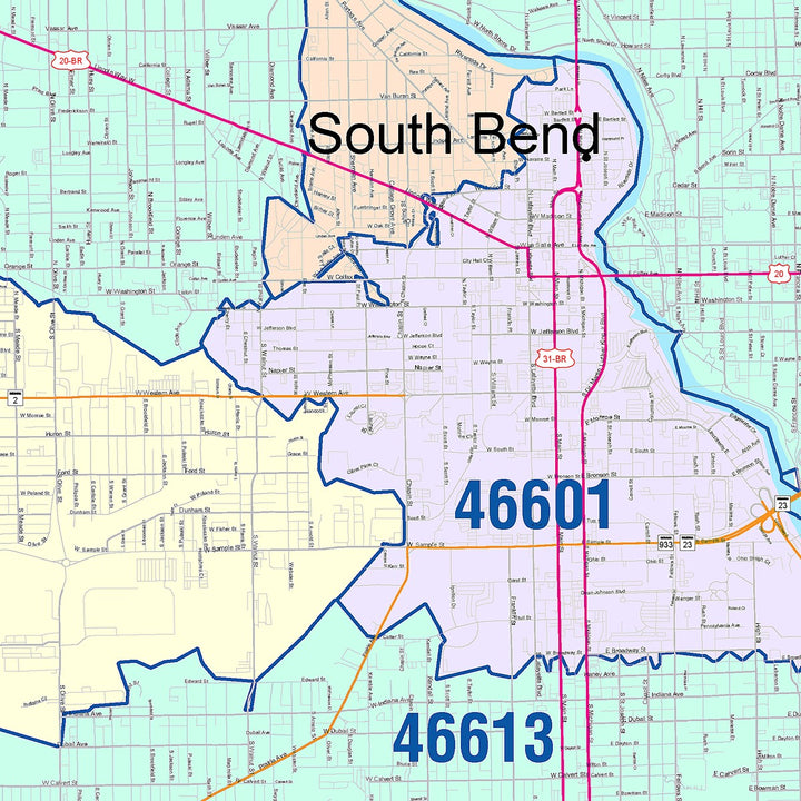 Color Cast Wall Map of South Bend, IN