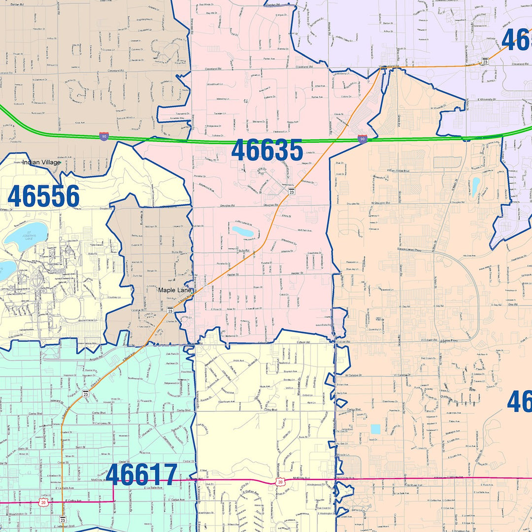 Color Cast Wall Map of South Bend, IN