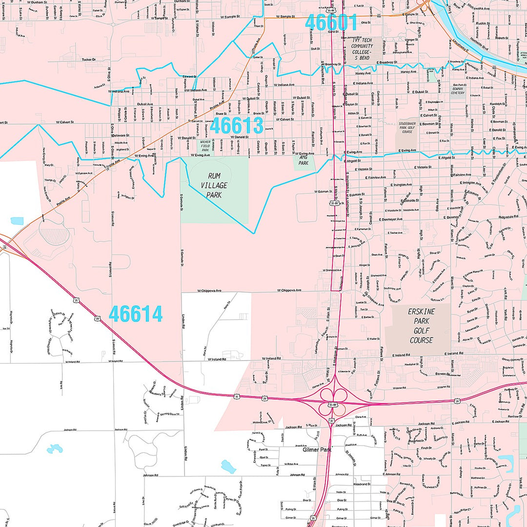 Premium Style Wall Map of South Bend, IN