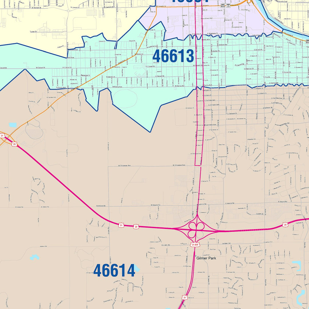 Color Cast Wall Map of South Bend, IN