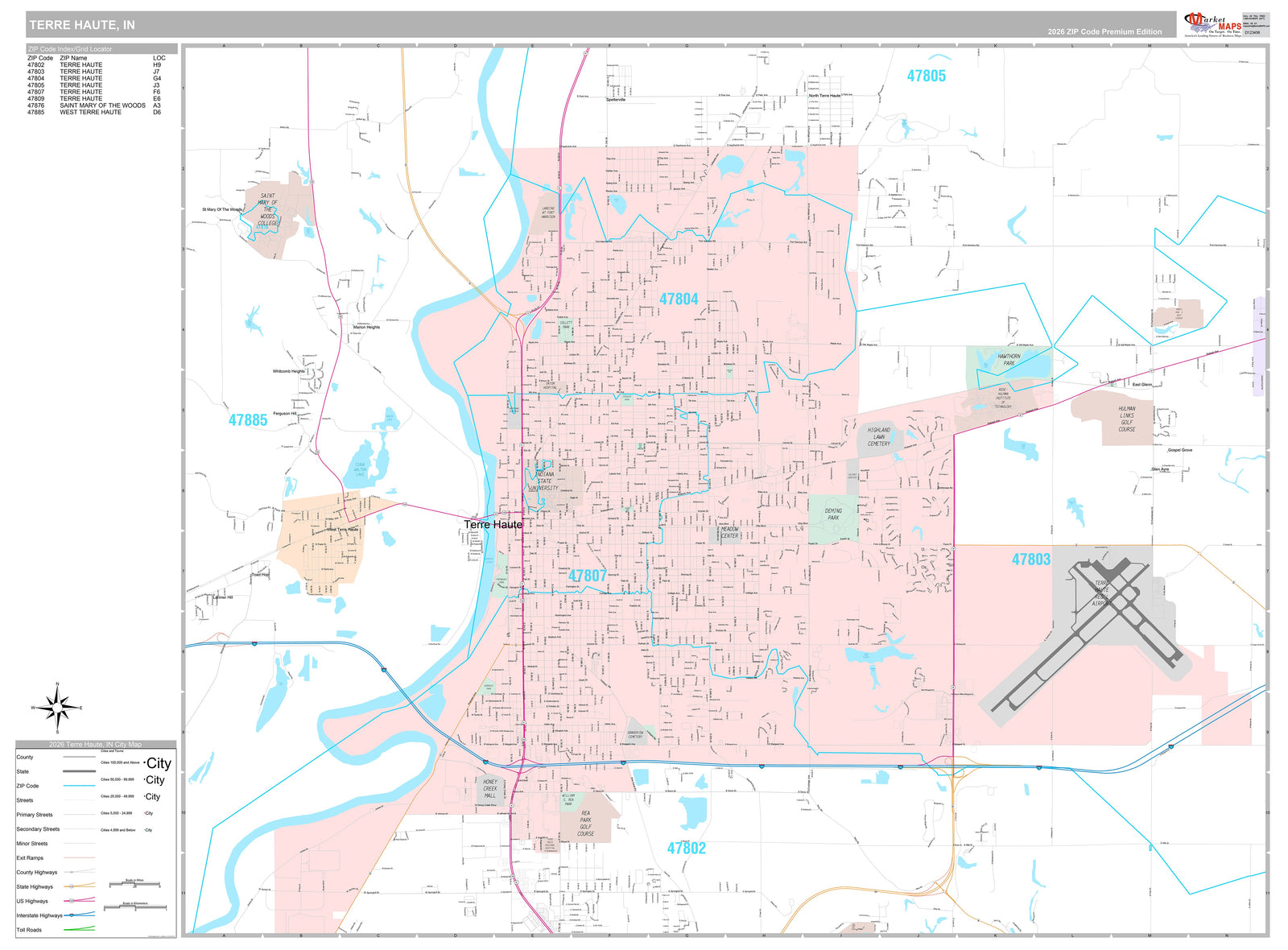 Premium Style Wall Map of Terre Haute, IN