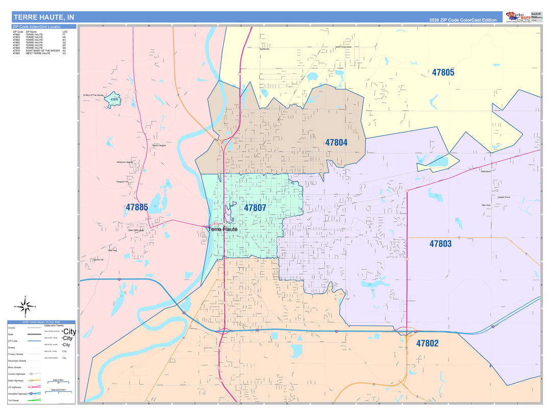 Color Cast Wall Map of Terre Haute, IN