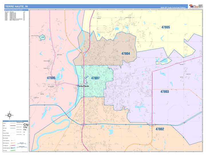 Color Cast Wall Map of Terre Haute, IN