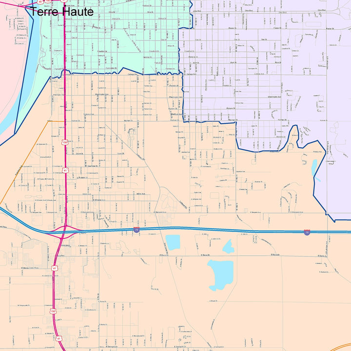 Color Cast Wall Map of Terre Haute, IN