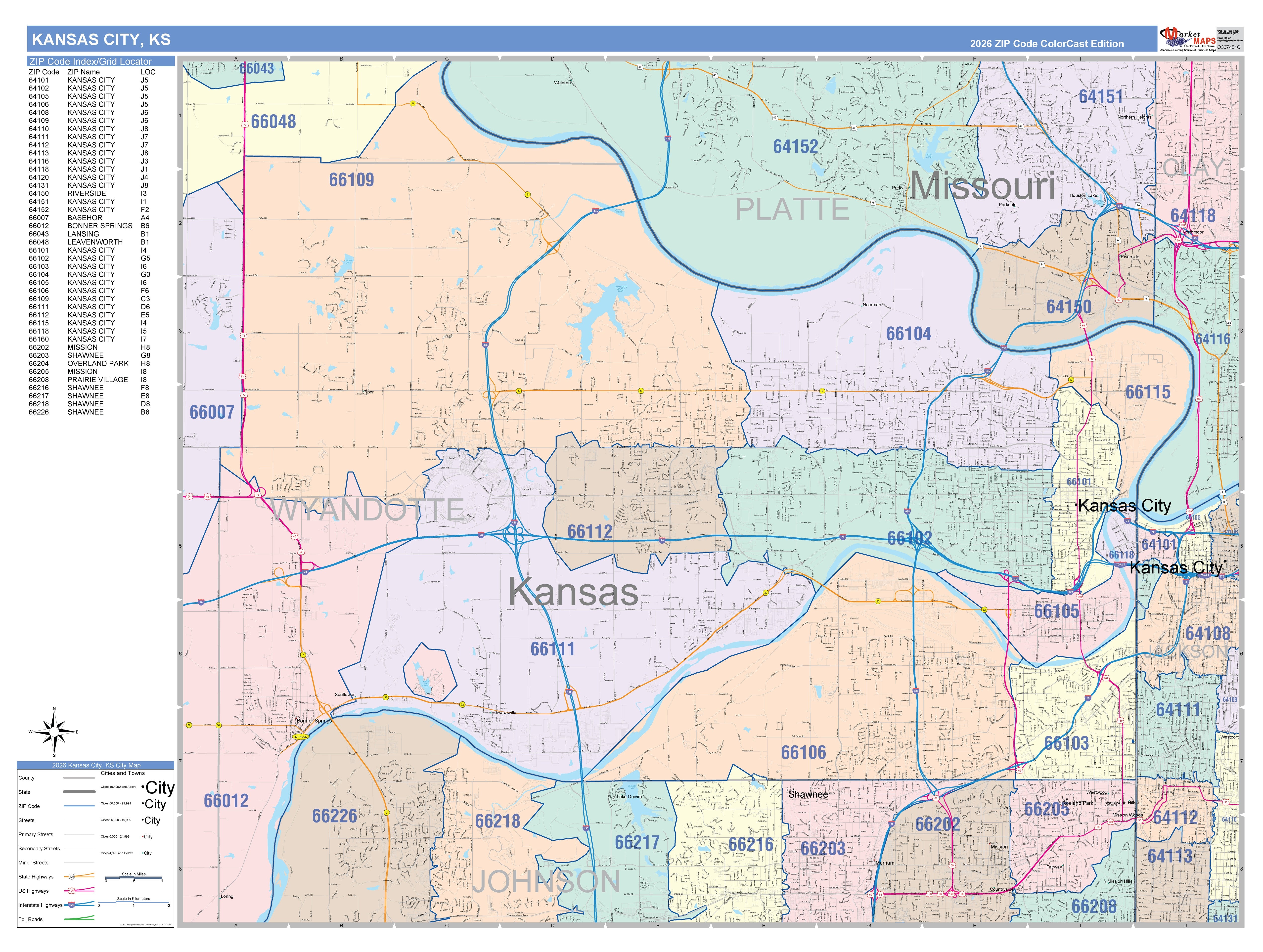 Colorcast Zip Code Style Wall Map of Kansas City, KS – American