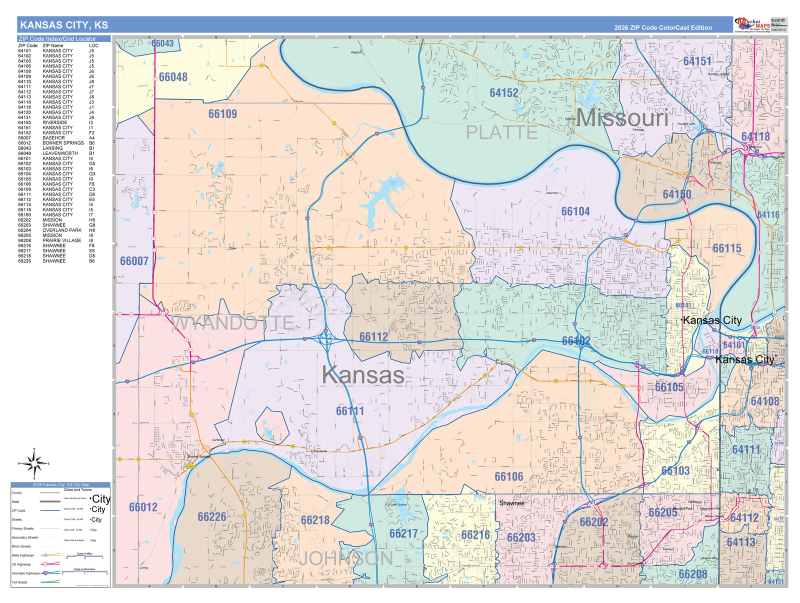 Colorcast Zip Code Style Wall Map of Kansas City KS