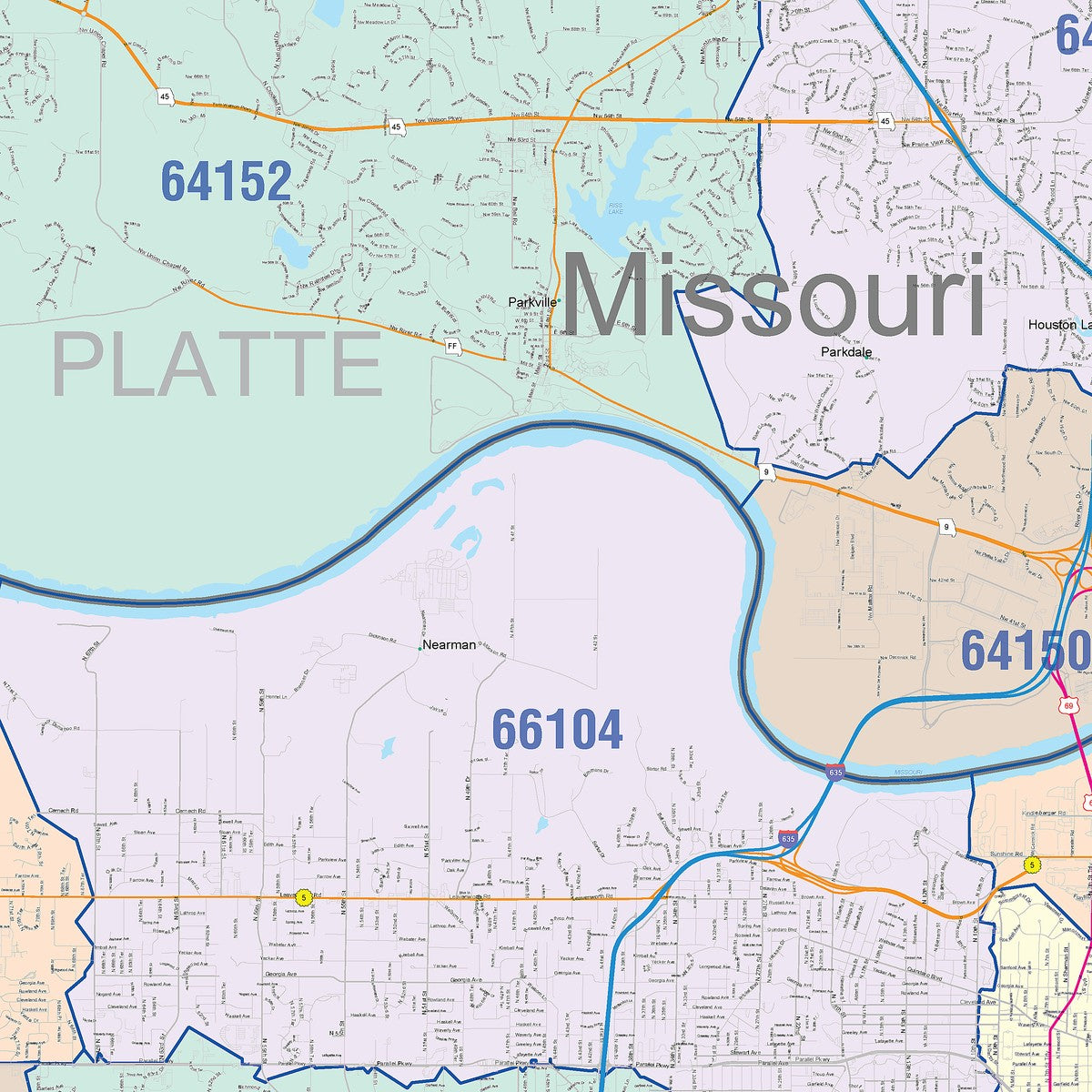 Colorcast Zip Code Style Wall Map of Kansas City, KS – American