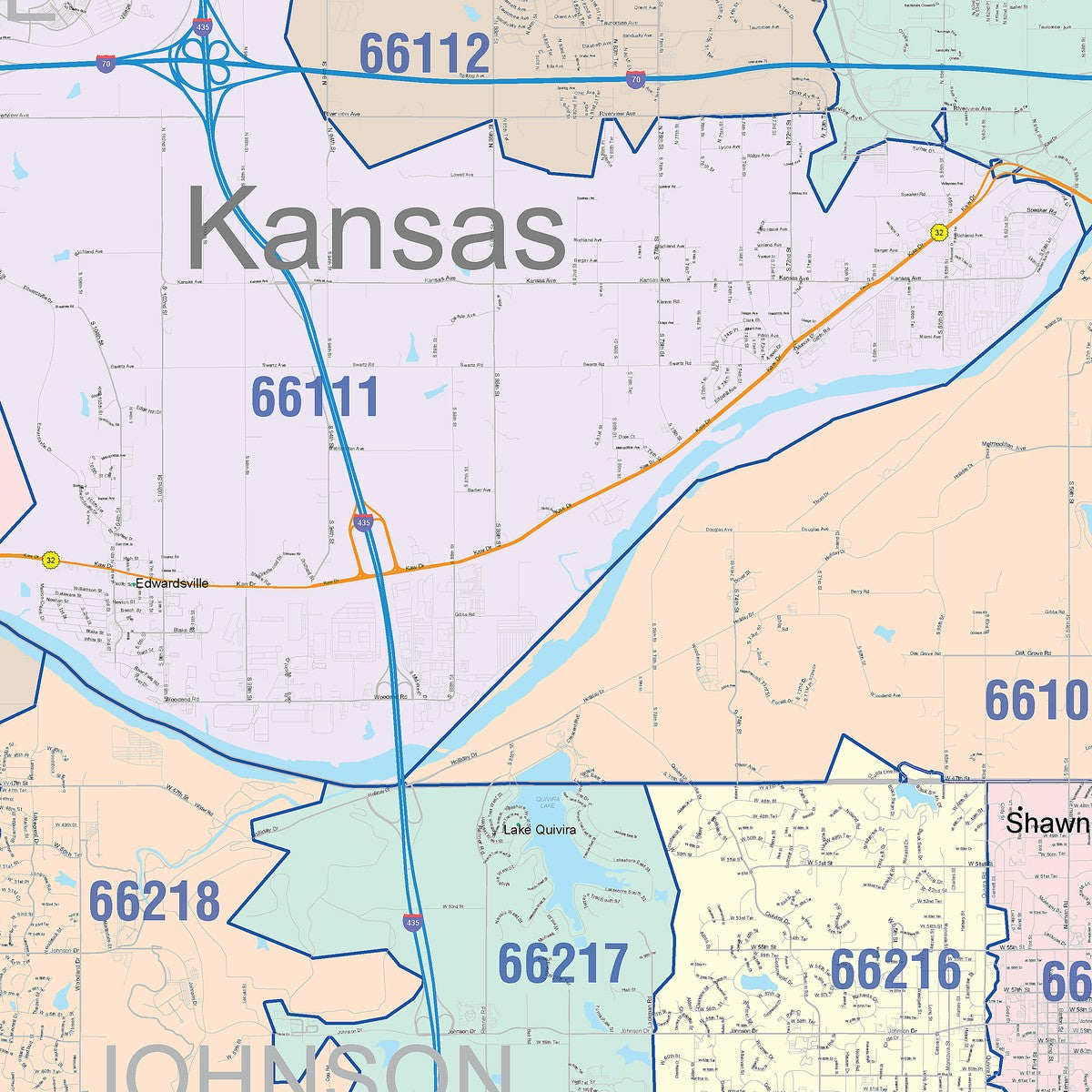 Colorcast Zip Code Style Wall Map of Kansas City, KS – American