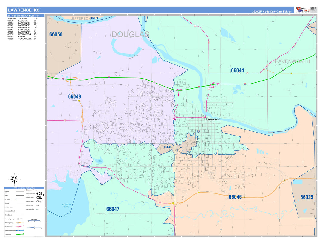 Color Cast Zip Code Style Wall Map of Lawrence, KS
