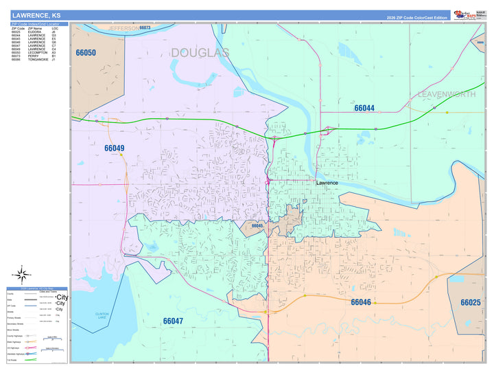 Color Cast Zip Code Style Wall Map of Lawrence, KS