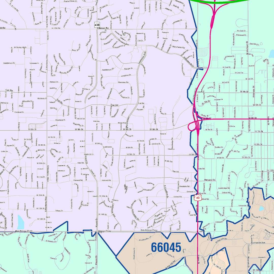 Color Cast Zip Code Style Wall Map of Lawrence, KS