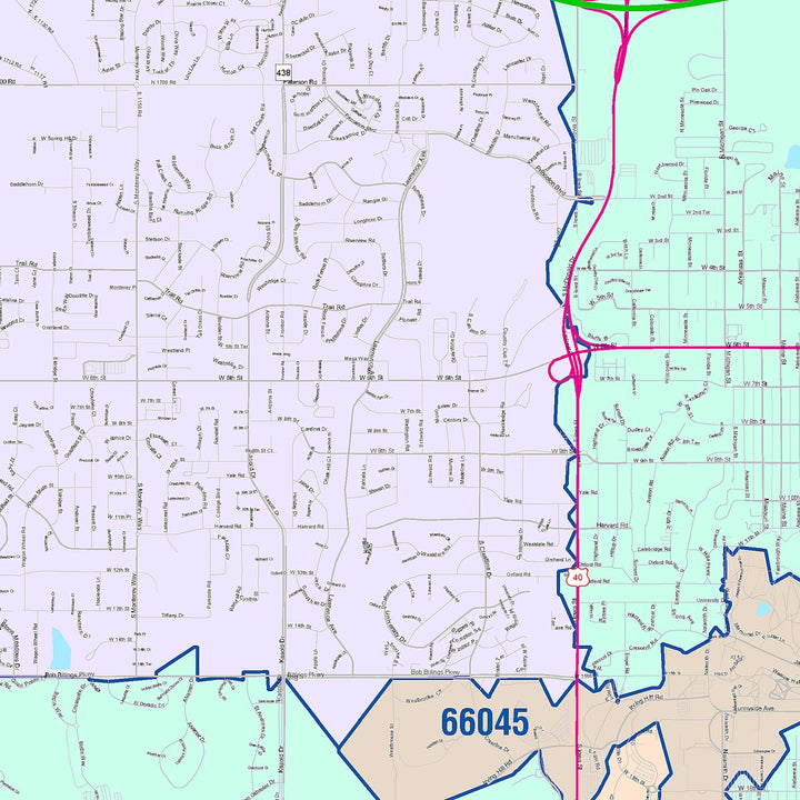 Color Cast Zip Code Style Wall Map of Lawrence, KS