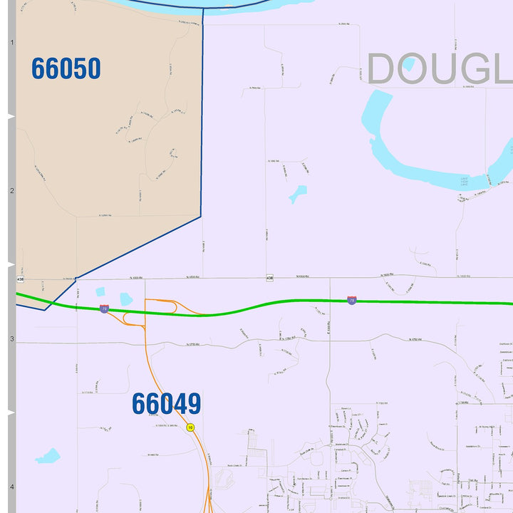Color Cast Zip Code Style Wall Map of Lawrence, KS