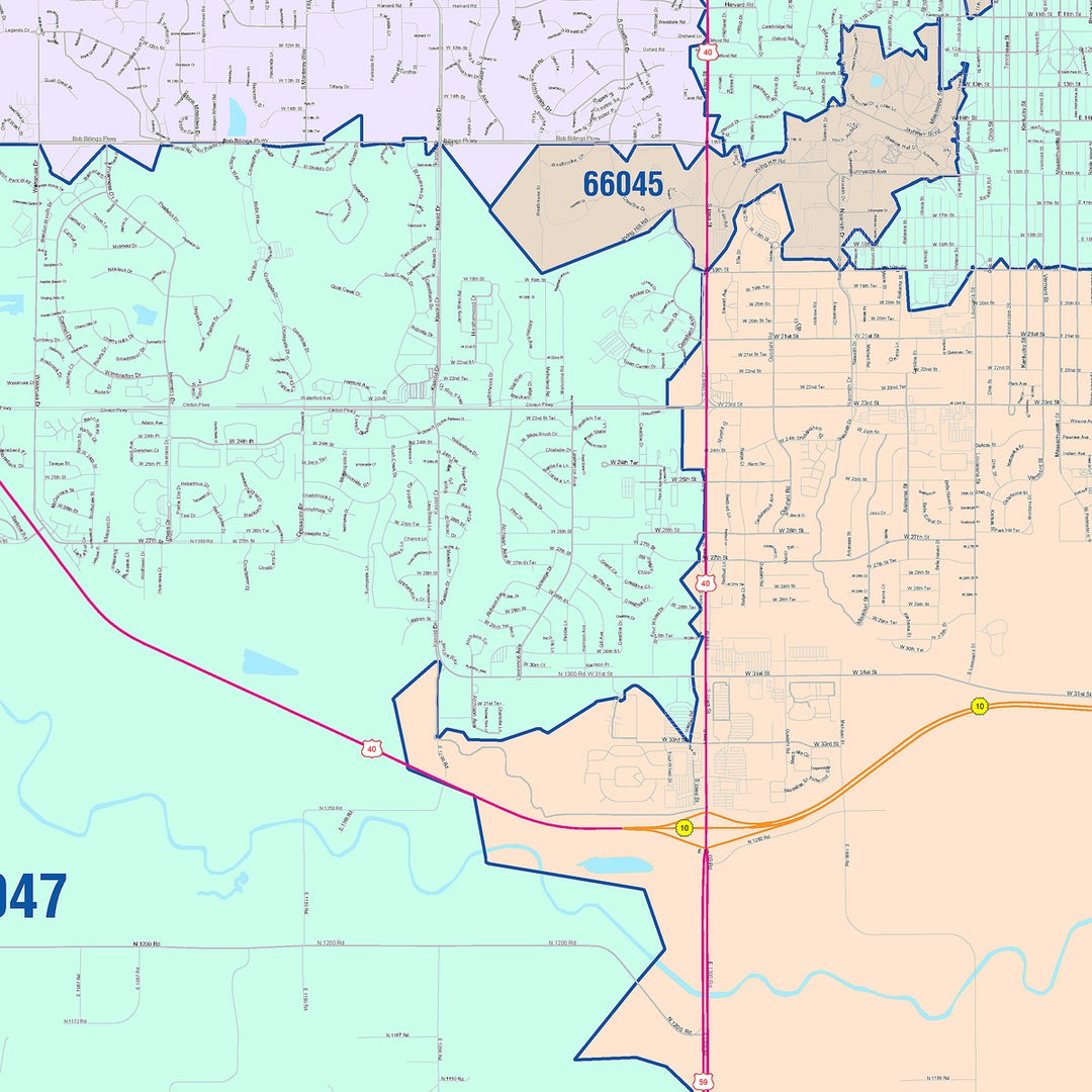 Color Cast Zip Code Style Wall Map of Lawrence, KS