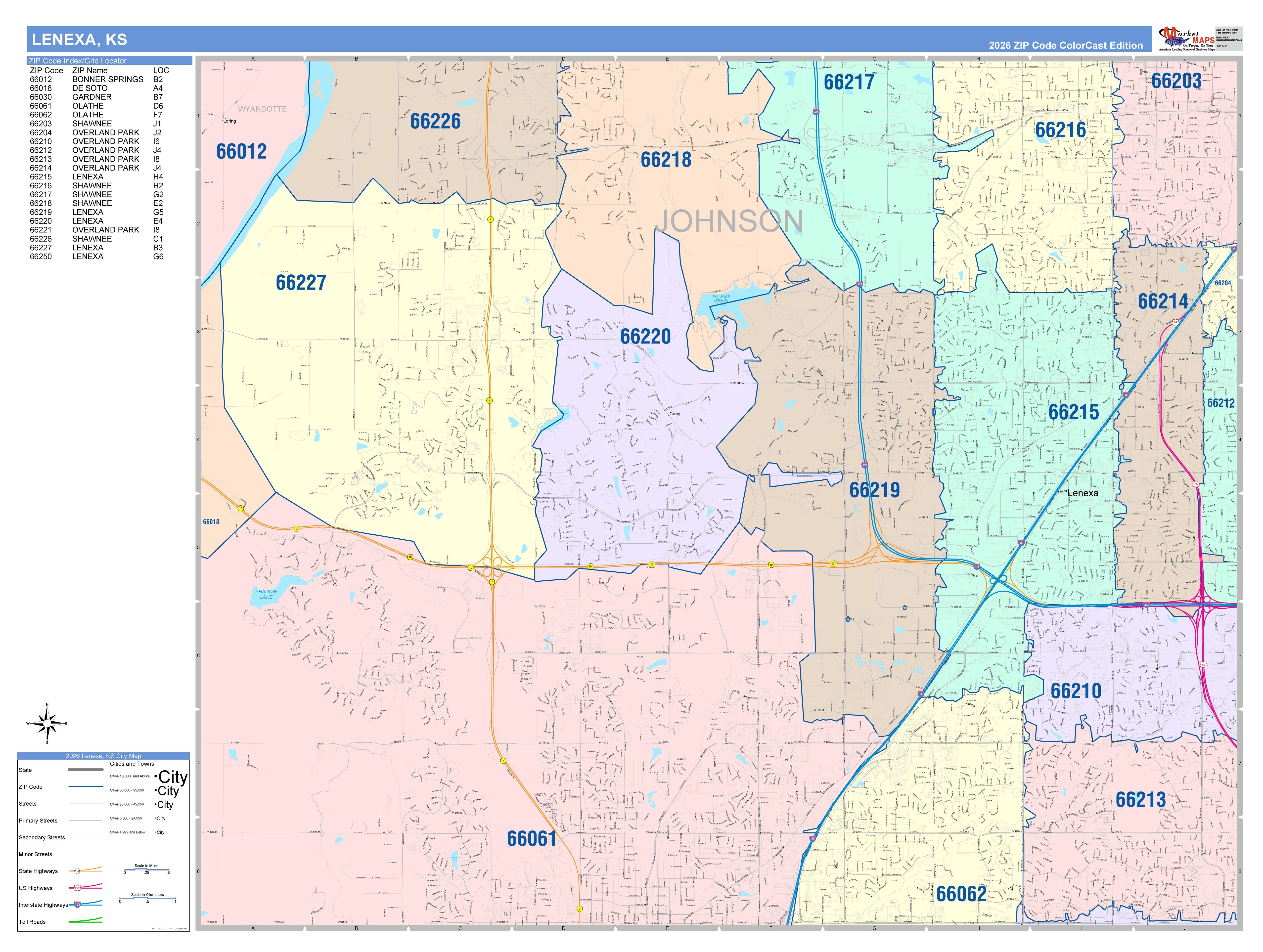 Color Cast Zip Code Style Wall Map of Lenexa, KS – American Map Store