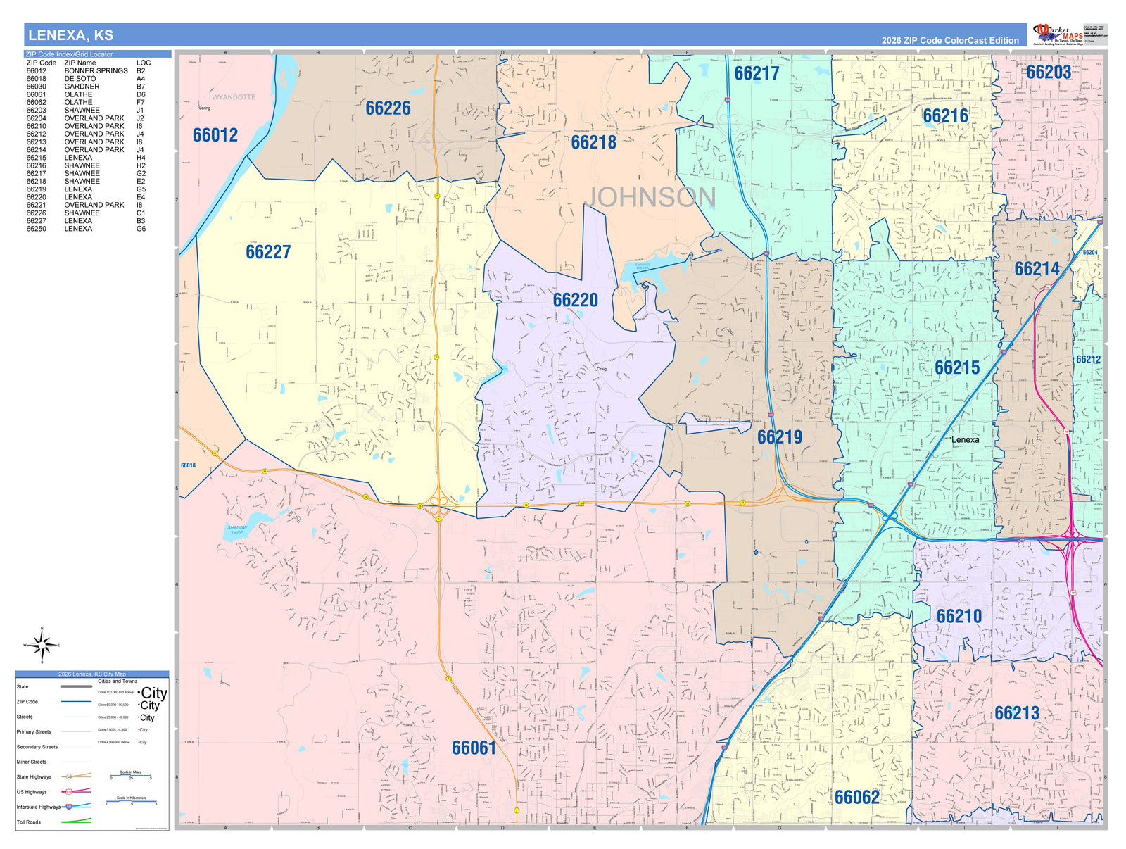 Color Cast Zip Code Style Wall Map of Lenexa, KS