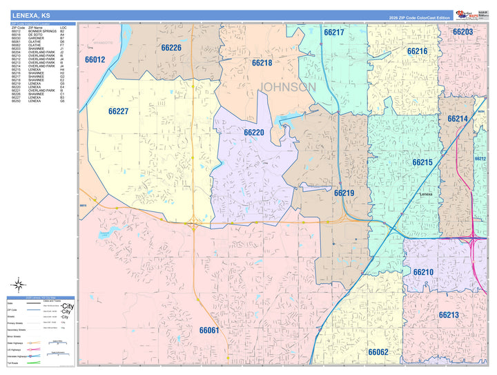 Color Cast Zip Code Style Wall Map of Lenexa, KS