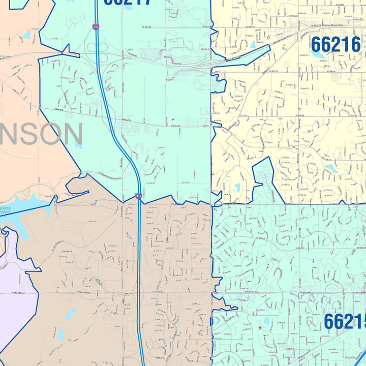 Color Cast Zip Code Style Wall Map of Lenexa, KS