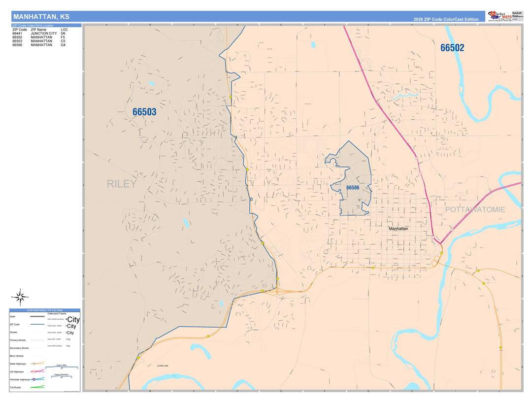 Color Cast Zip Code Style Wall Map of Manhattan, KS