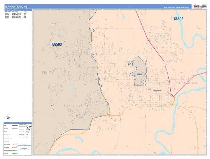 Color Cast Zip Code Style Wall Map of Manhattan, KS