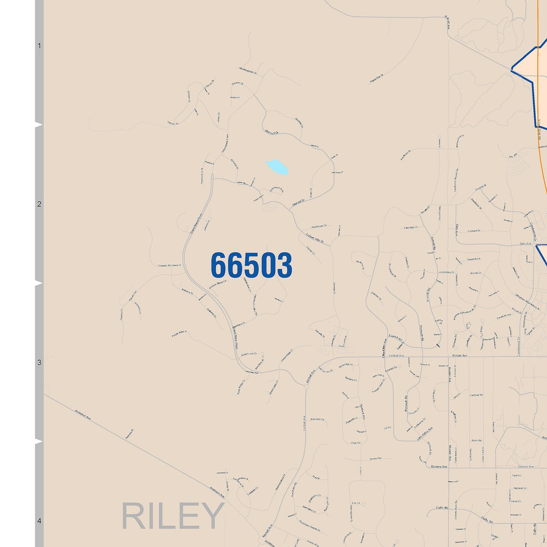 Color Cast Zip Code Style Wall Map of Manhattan, KS