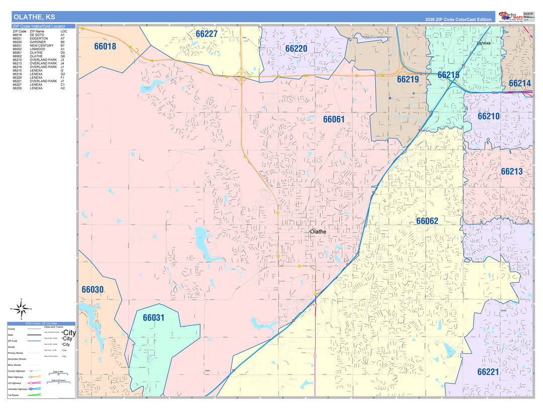 Color Cast Zip Code Style Wall Map of Olathe, KS