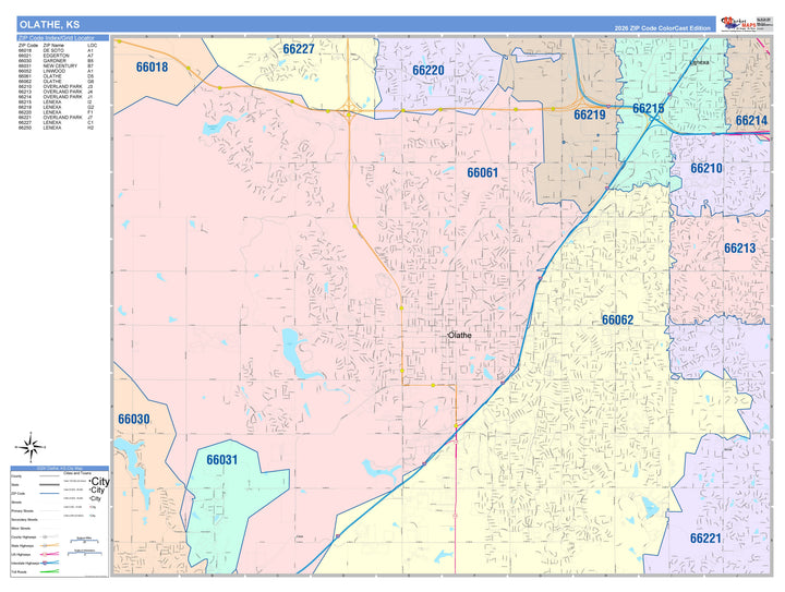 Color Cast Zip Code Style Wall Map of Olathe, KS