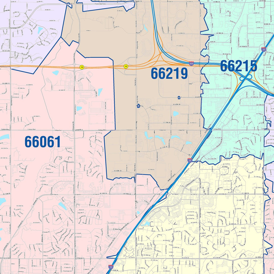 Color Cast Zip Code Style Wall Map of Olathe, KS