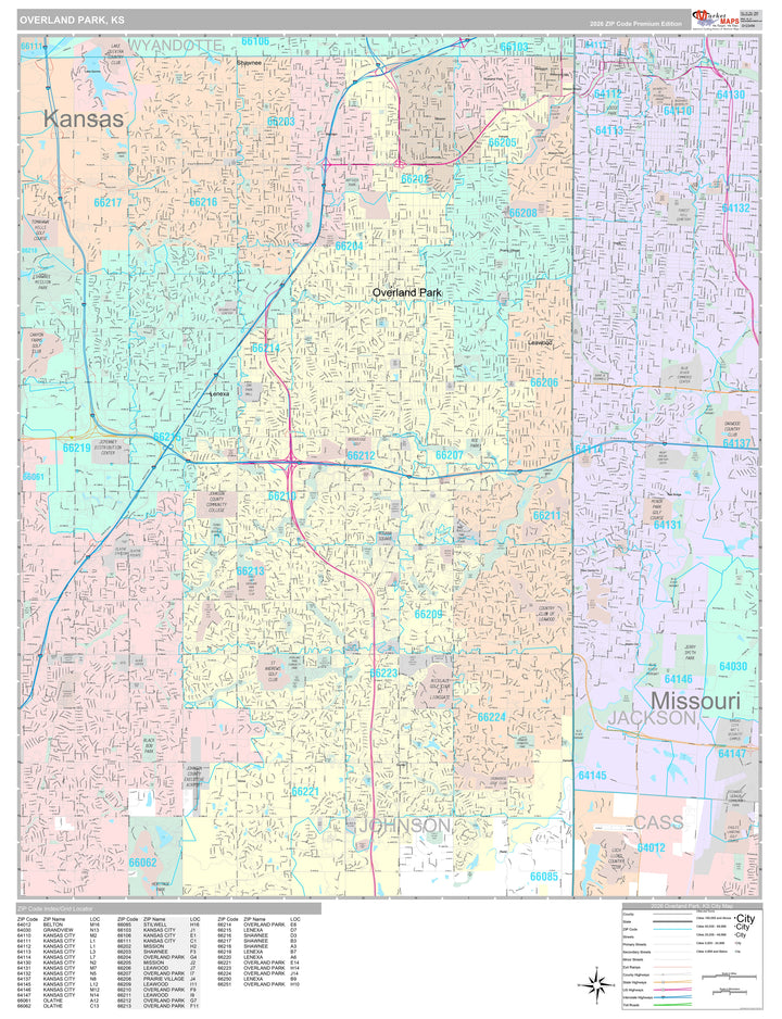 Premium Style Wall Map of Overland Park KS