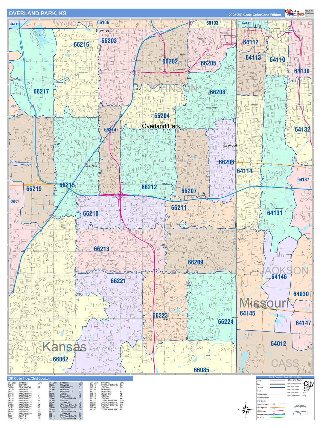 Color Cast Zip Code Style Wall Map of Overland Park, KS