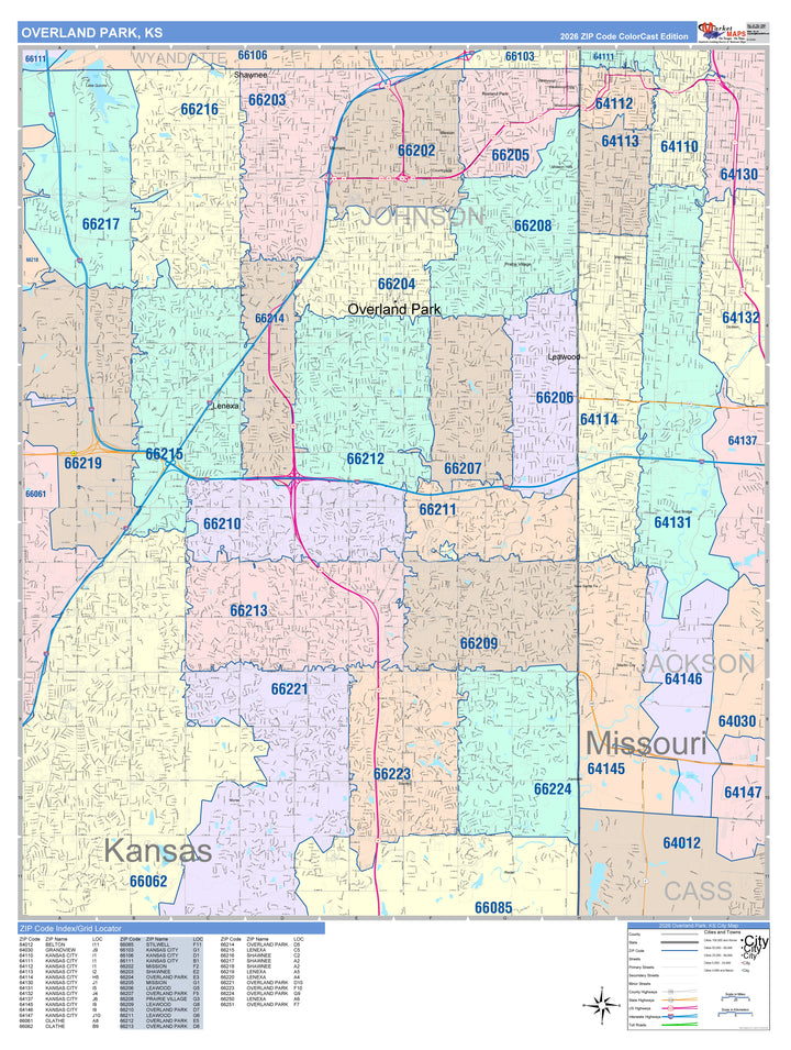 Color Cast Zip Code Style Wall Map of Overland Park, KS
